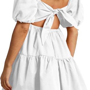 OWNGIGI Womens Square Neck Lantern Sleeve Dress High Waisted Tie Back Casual A-Line Mini Dress