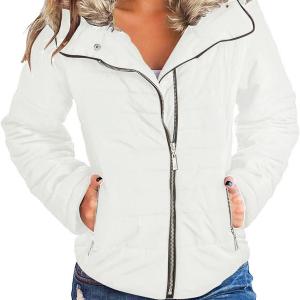 Vetinee Women Casual Faux Fur Lapel Zip Pockets Quilted Parka Jacket Puffer Coat