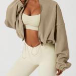 QINSEN Women's Full Zip Fleece Short Jacket Warm Winter Long Sleeve Stand Collar Sherpa Crop Coat