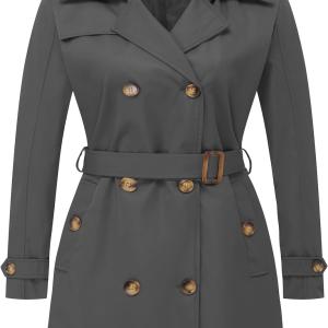 CREATMO US Women's Plus Size Trench Coat Double-Breasted Classic Lapel Overcoat Belted Outerwear Coat with Detachable Hood