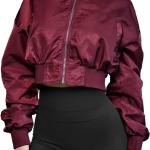 Allytok Womens Zip Up Cropped Bomber Jacket Y2K Trendy Crop Jackets with Pockets