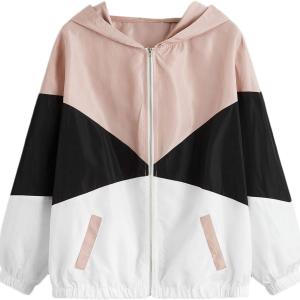 SweatyRocks Women's Casual Color Block Drawstring Hooded Windbreaker Jacket