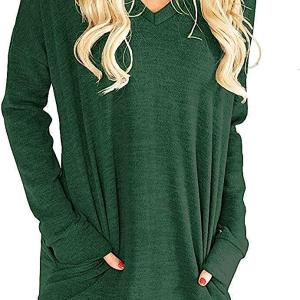 LERUCCI Womens Casual Long Sleeves Solid V-Neck Tunics Shirt Tops with Pockets