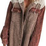 Dokotoo Womens 2023 Fall Corduroy Shacket Jacket Long Sleeve Button Down Color Block Hooded Coat with Pockets