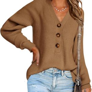 BTFBM Women Long Sleeve V Neck Button Down Sweater Solid Color Ribbed Knit Sweater Casual Relaxed Fit Pullover Jumper