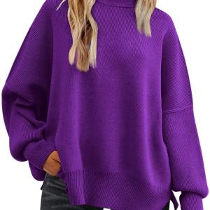 LILLUSORY Women Fall Crewneck Batwing Long Sleeve Sweater Oversized Ribbed Knit Side Slit Pullover Top