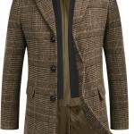 COOFANDY Men's Wool Blend Coat with Detachable Plaid Scarfs Notched Collar Single Breasted Pea Coat