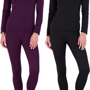 Real Essentials 4 Piece: Womens Thermal Underwear Set - Thermal Underwear for Women Fleece Lined Top & Bottom Long Johns