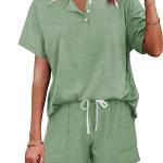 WIHOLL Two Piece Outfits for Women Lounge Sets Button Down Top and Shorts Set Sweatsuits with Pockets