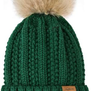 Pleneal Womens Winter Knit Beanie Hat with Faux Fur, Warm Skull Cap Beanies for Women Black