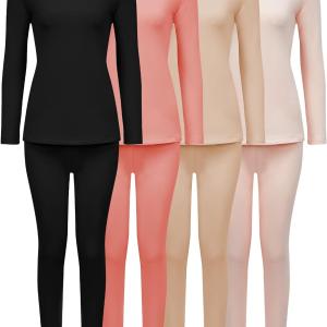 4 Pieces Fleece Lined Thermal Underwear Set for Women Long Johns Base Layer Winter Cold Weather Soft Warm Top Bottom