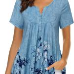 Bebonnie Women's Vintage Short Sleeve V Neck Pleated Tunic Shirt
