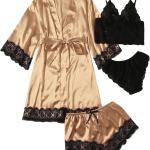 SOLY HUX Women's Satin Pajama Set 4pcs Floral Lace Trim Cami Lingerie Sleepwear with Robe