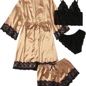 SOLY HUX Women's Satin Pajama Set 4pcs Floral Lace Trim Cami Lingerie Sleepwear with Robe