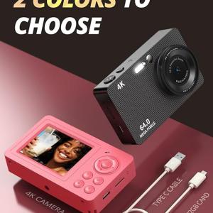 4K 64MP Digital Camera, Compact Mini Cameras with 18X Zoom, Anti Shake, 32GB Card