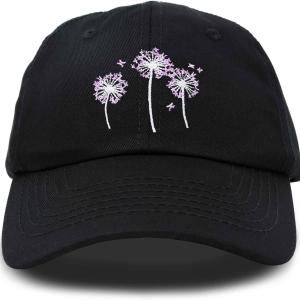 Floral Dandelion Hat Womens Embroidered Baseball Cap Black