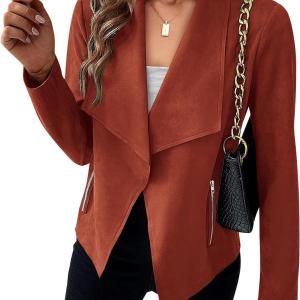 PRETTYGARDEN Women's Faux Suede Jackets 2023 Fall Clothes Long Sleeve Open Front Cropped Coat Outwear