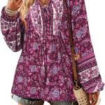 KAYWIDE Women's Casual Boho V Neck Top Loose Floral Printed Long Sleeve Beach Shirts Blouses