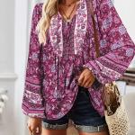 KAYWIDE Women's Casual Boho V Neck Top Loose Floral Printed Long Sleeve Beach Shirts Blouses