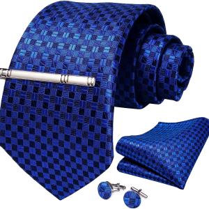 DiBanGu Plaid Tie Men's Silk Tie and Pocket Square Cufflinks Tie Clip Set Wedding Business