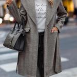 ECOWISH Women Coat Long Jacket: Winter Fashion Long Sleeve Lapel Casual Overcoat With Belt
